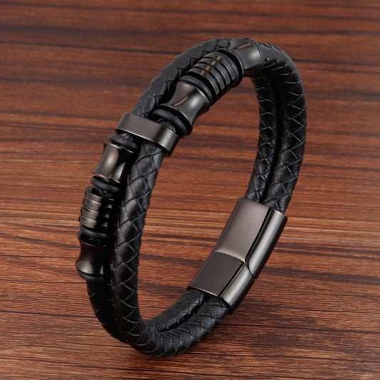 Men's Black Cowhide Double Layer Titanium Steel Bracelet